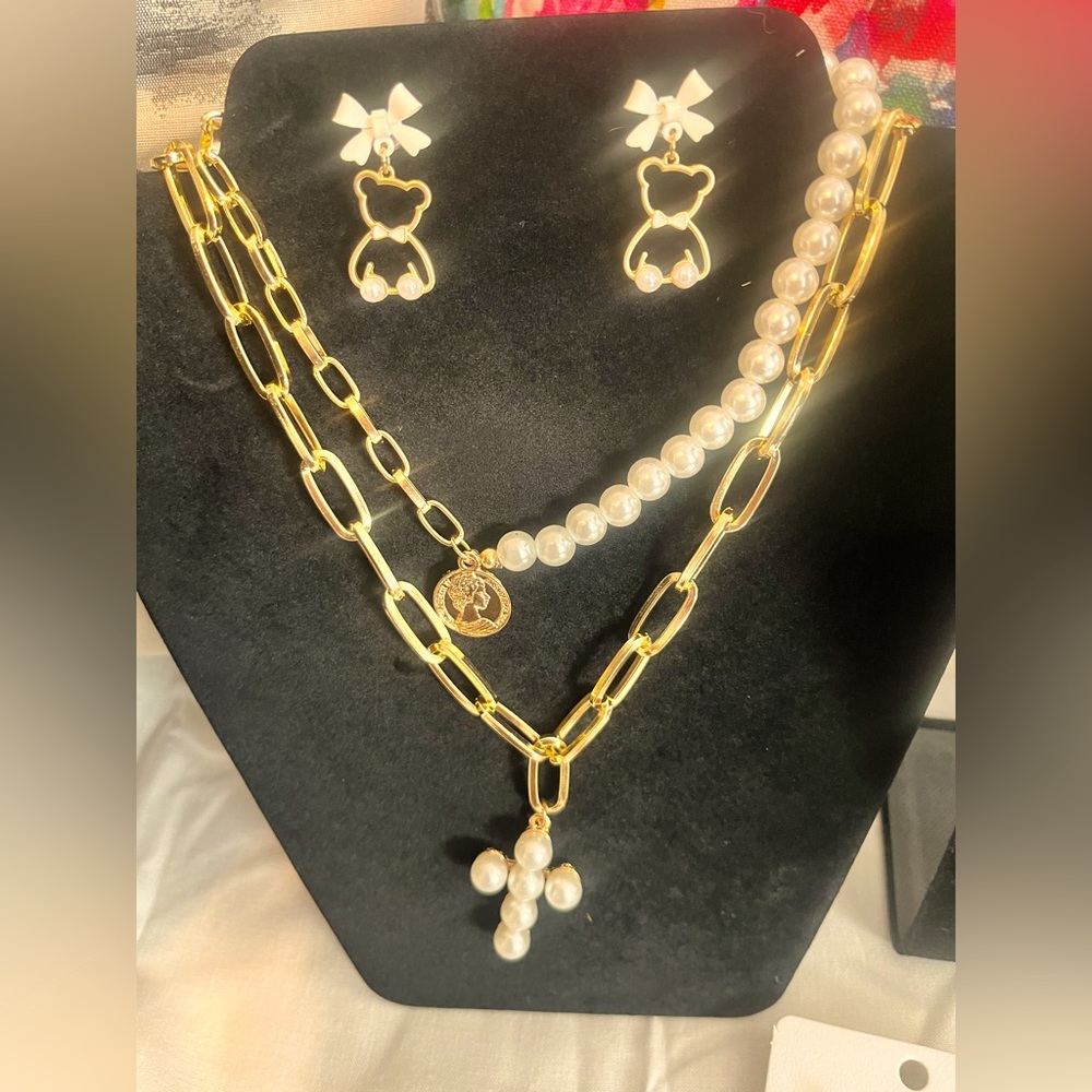 Gold Faux Pearl and Multi chain cross necklace set